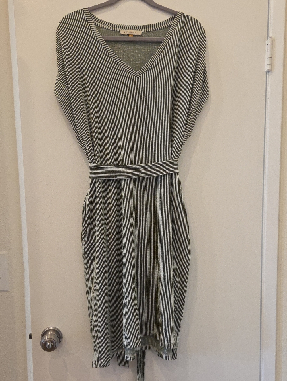 DownEast Green & White Striped V-Neck Midi Dress - Terry Cloth